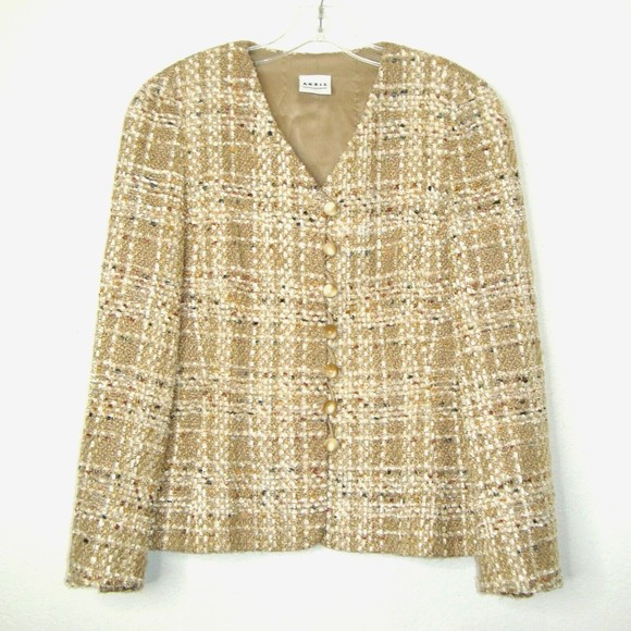 AKRIS Tan Multi Wool Blend Tweed Jacket with Marble Style Buttons Size 10 - Picture 1 of 9